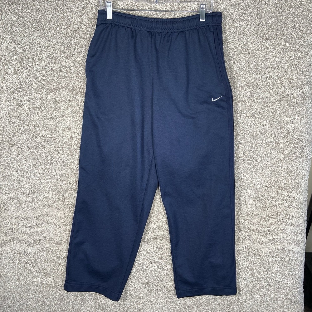 Vintage Nike Track Pants Mens Large Navy Blue Embroidered Swoosh Split Hem Y2K